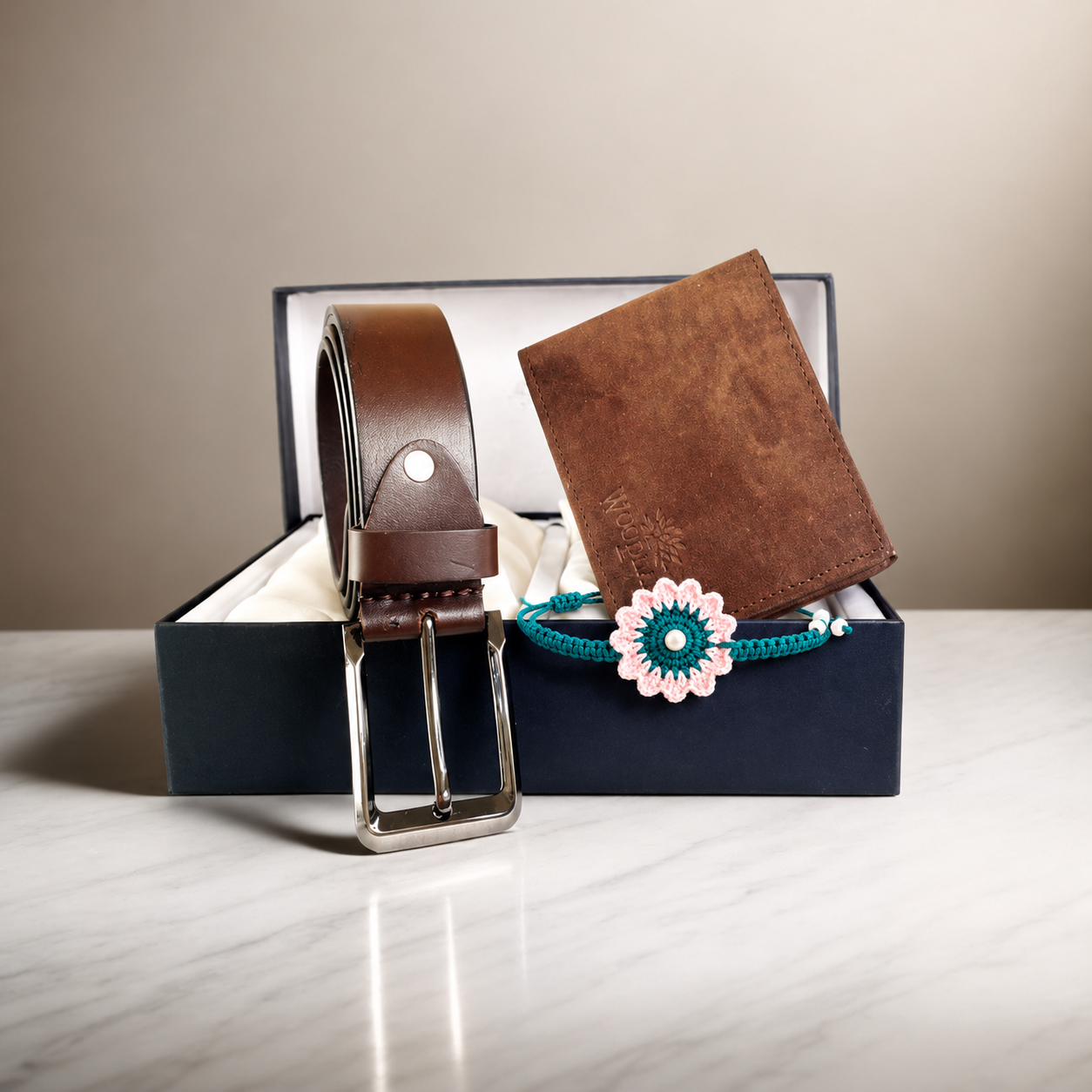 Leather Wallet & Belt Rakhi Gift Set for Brother - Brown
