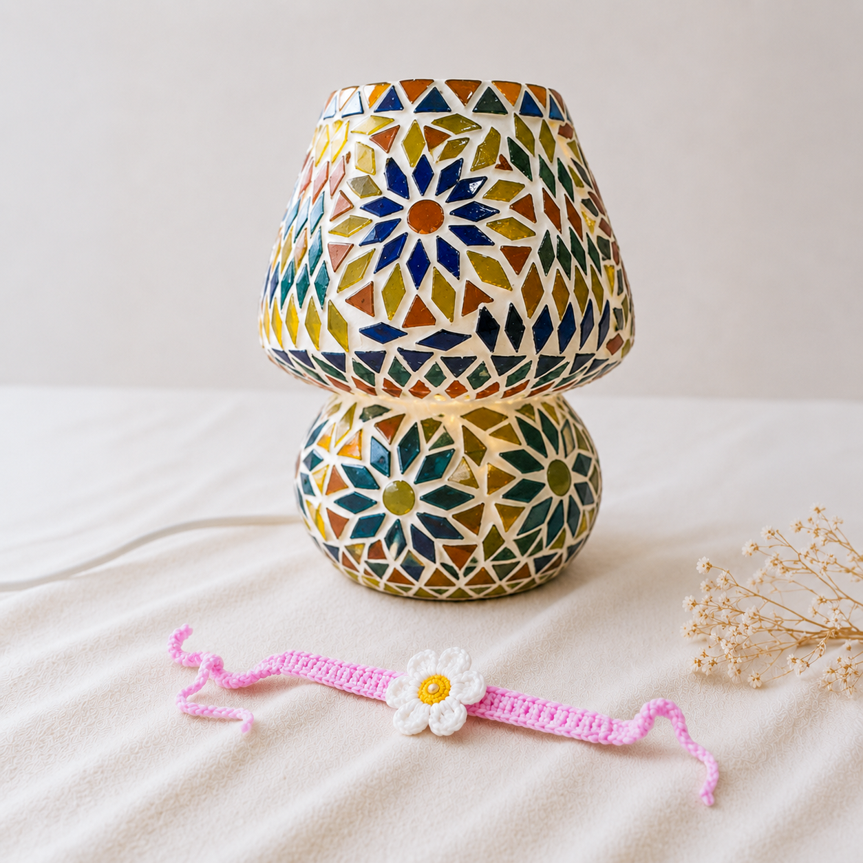 Multicolored Table Lamp with Rakhi for Sisters Nanad and Bhabhi
