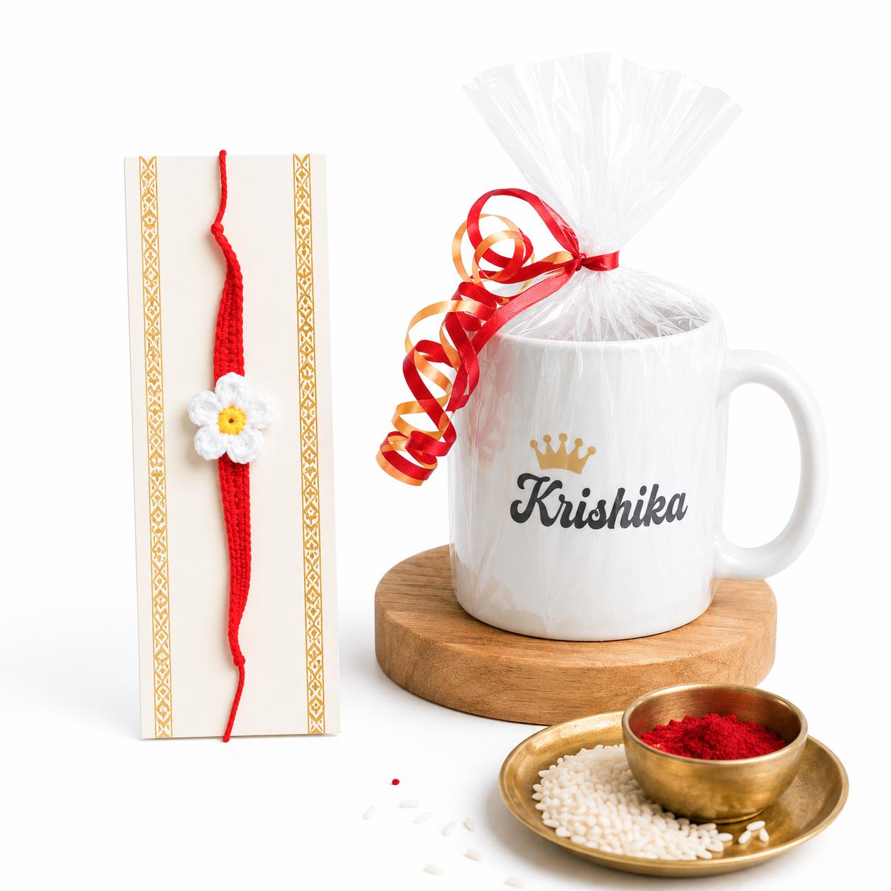 Personalized Name Mug with Handmade Crochet Rakhi Gift Set for Cousins (Set of 5) | Custom Name Coffee Mug | Raksha Bandhan Gift