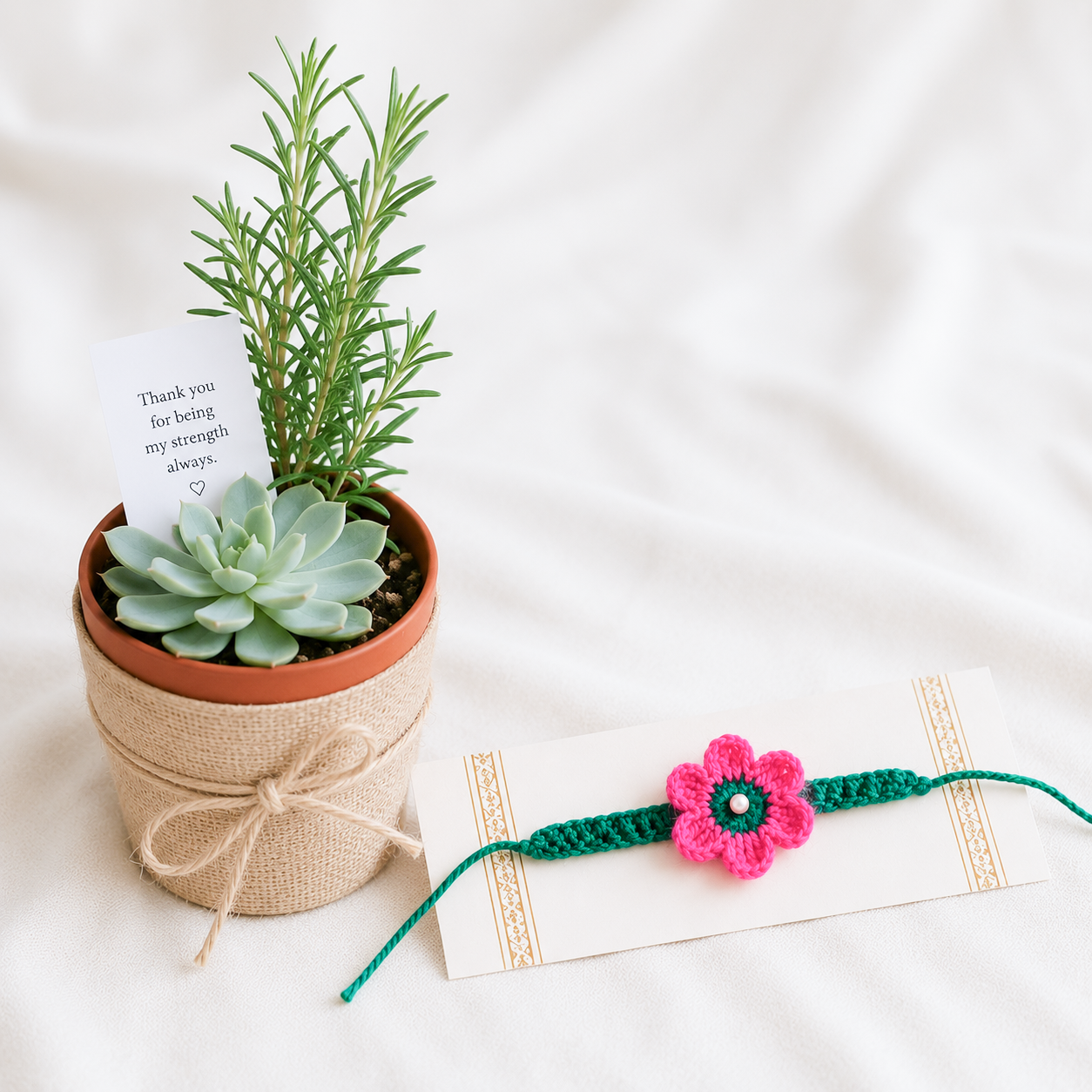 Handcrafted Crochet Flower Rakhi with Succulent Planter Gift Set | Eco-Friendly Raksha Bandhan Gift for Brother
