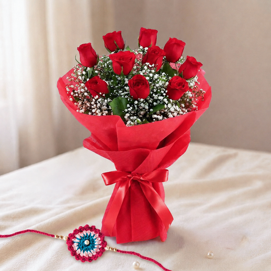 Bouquet of 10 Roses and Rakhi Combo