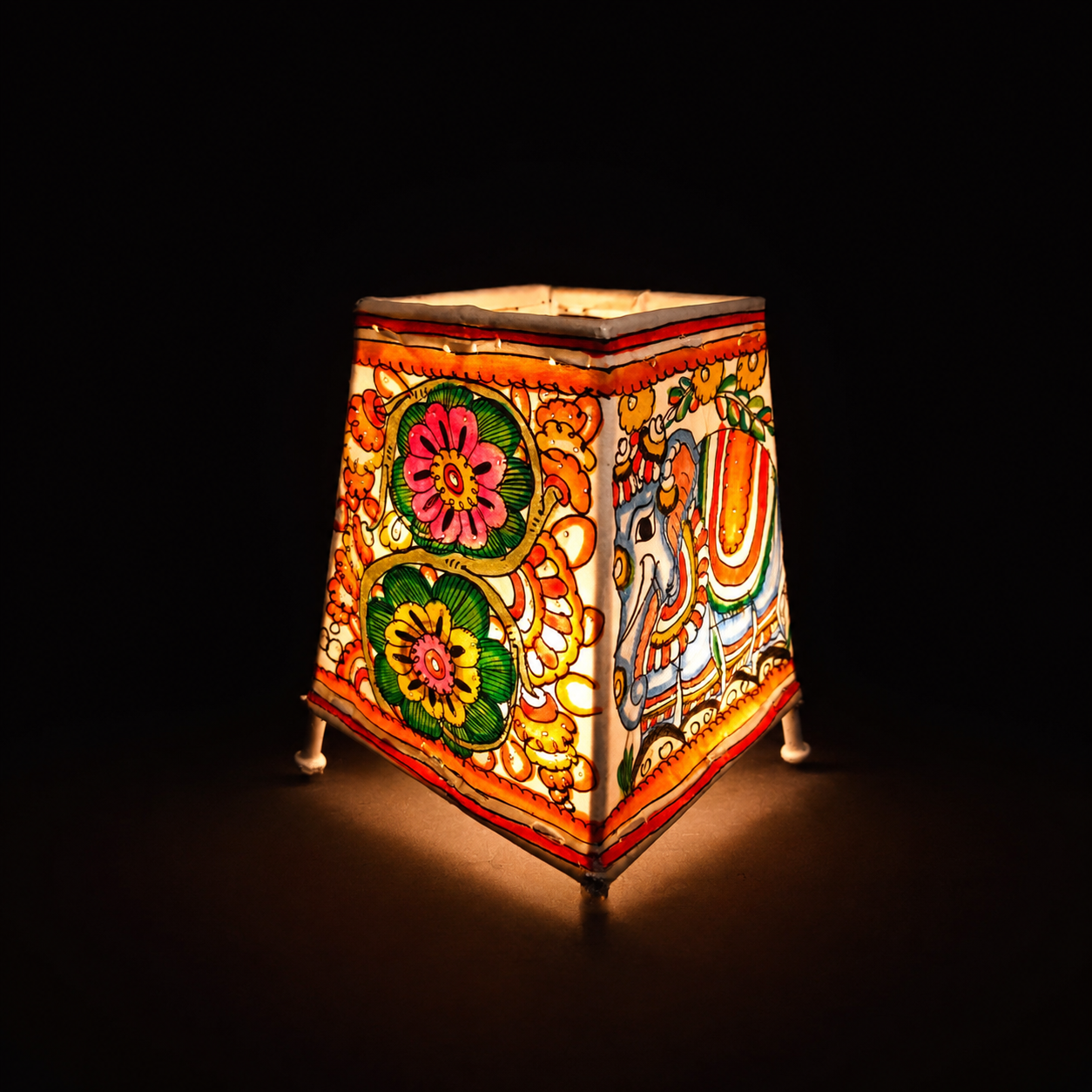Handpainted Tholu Bommalata Leather Table Lamp Elephant Design (Small)