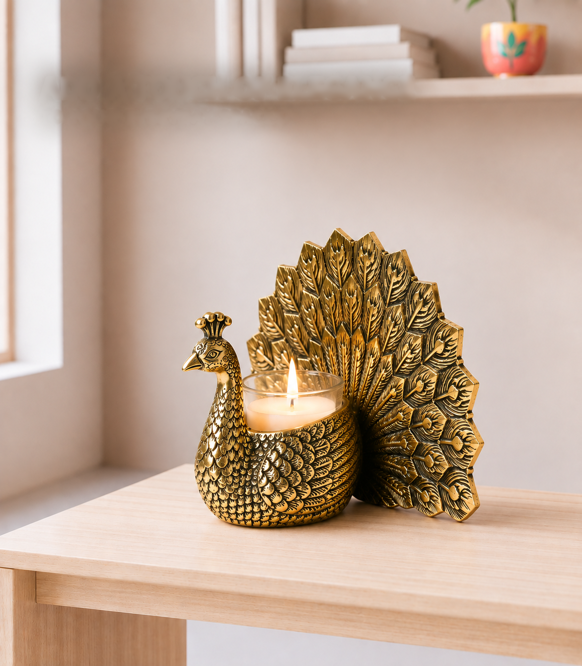 Metal Dancing Peacock with Scented Glass Votive Candle, Golden