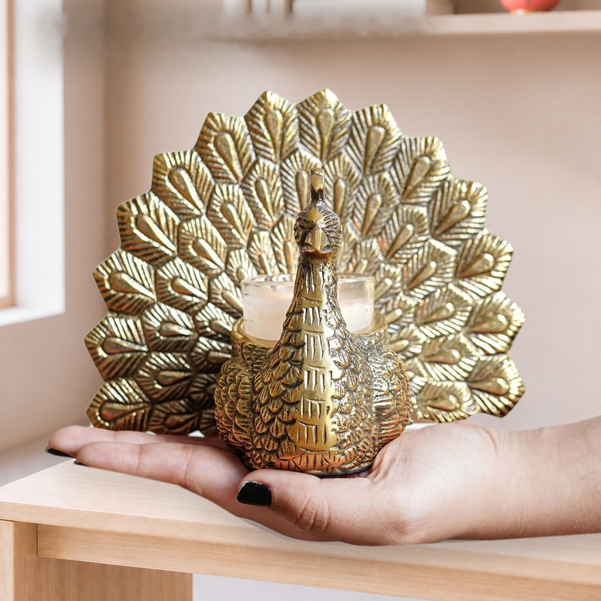 Metal Dancing Peacock with Scented Glass Votive Candle, Golden