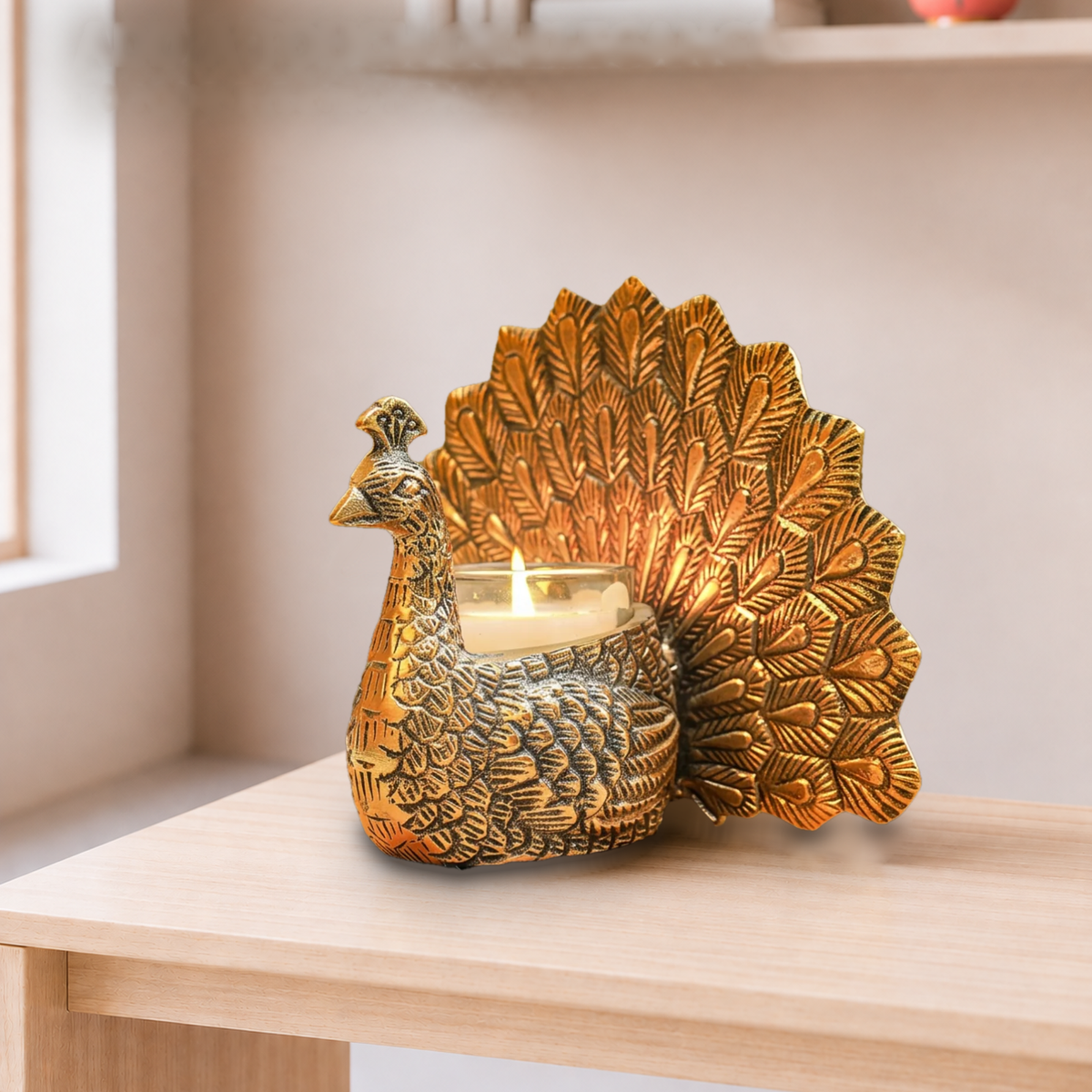 Metal Dancing Peacock with Scented Glass Votive Candle, Golden