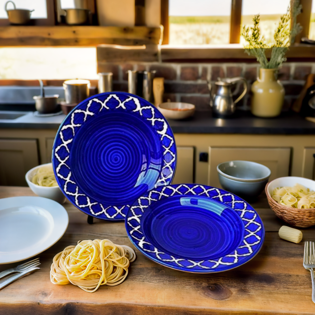 Frizka Ceramic Side Plate Blue Moroccan Pasta Plate Serving Plates, Soup Plate for Serving Chowmine, Pasta, Snacks & Breakfast, Set of 2 Big Plates (Microwave & Dishwasher Safe)