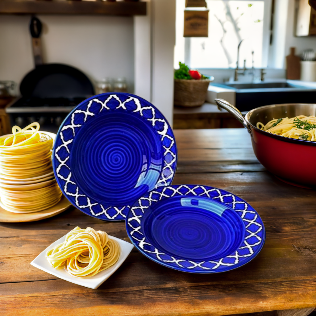 Frizka Ceramic Side Plate Blue Moroccan Pasta Plate Serving Plates, Soup Plate for Serving Chowmine, Pasta, Snacks & Breakfast, Set of 2 Big Plates (Microwave & Dishwasher Safe)