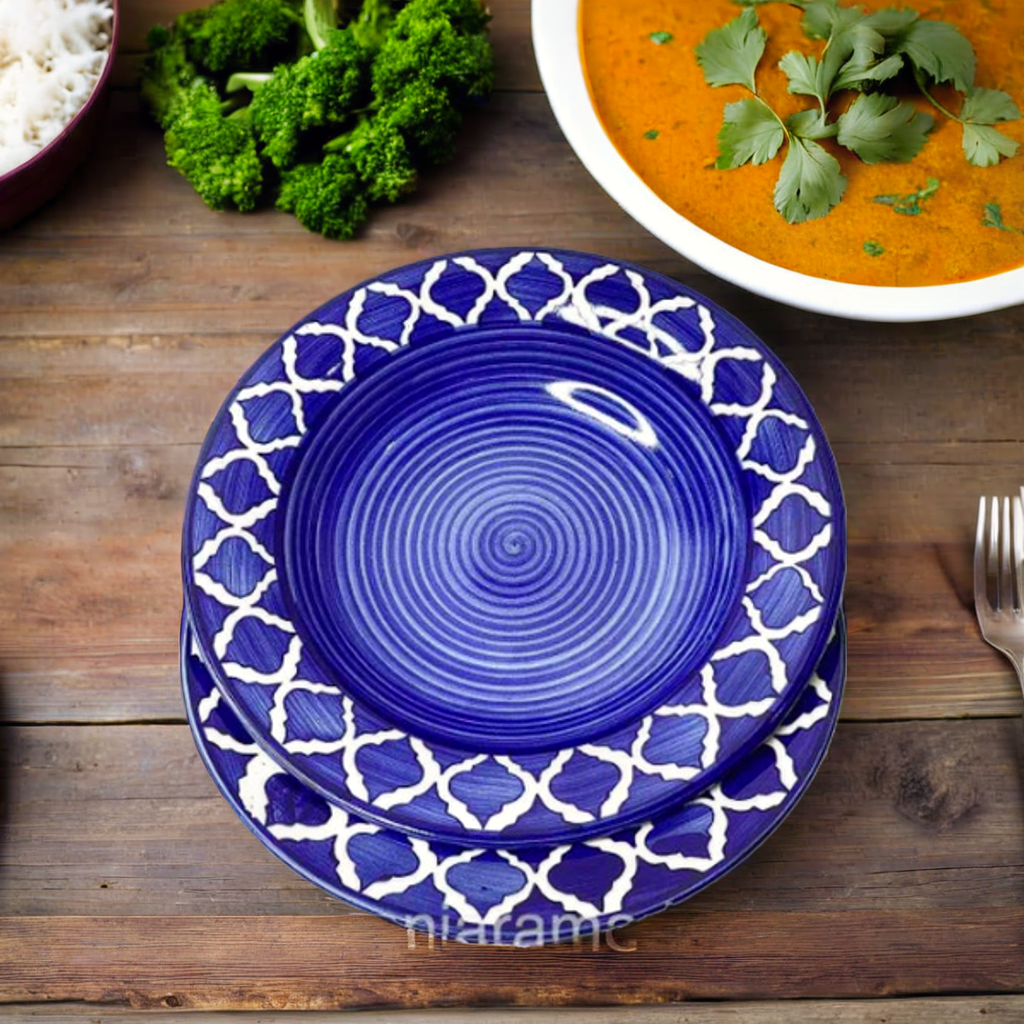 Frizka Ceramic Side Plate Blue Moroccan Pasta Plate Serving Plates, Soup Plate for Serving Chowmine, Pasta, Snacks & Breakfast, Set of 2 Big Plates (Microwave & Dishwasher Safe)