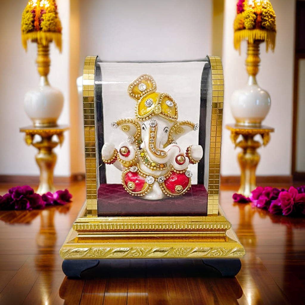 Home Decor | Action Ganesha Idol In Glass Box | Ganpati Car Dashboard |Ganpati Idol Showpiece | Ganpati Idol Car Dashboard | Gifting Ideas | Height 11.5 Cm ; Length 8.5 Cm ; Width 6.5 Cm