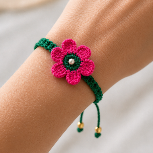 Handmade Crochet Rakhi 2026 | Pink Flower Rakhi with Pearl