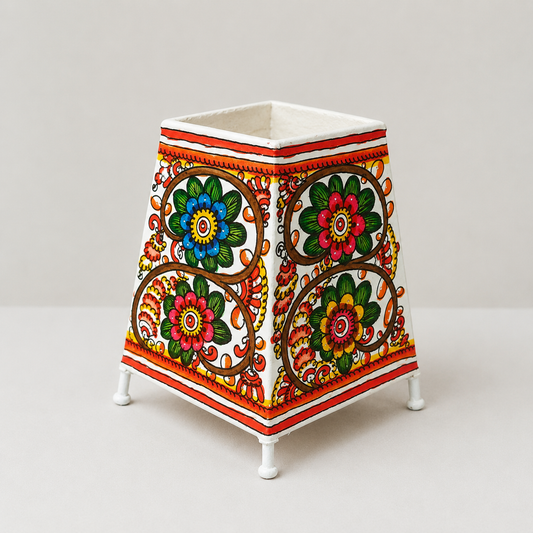 Handpainted Tholu Bommalata leather table lamp with floral design - Frizka