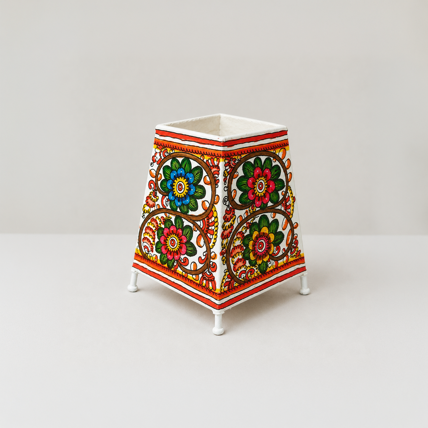 Handpainted Tholu Bommalata Leather Table Lamp Floral Design (Small)