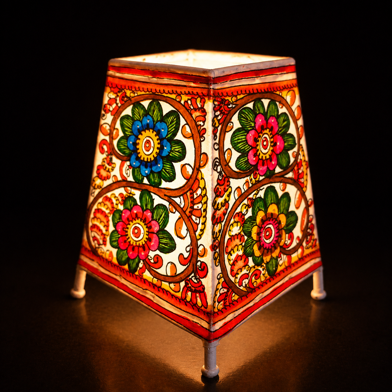 Handpainted Tholu Bommalata Leather Table Lamp Floral Design (Small)