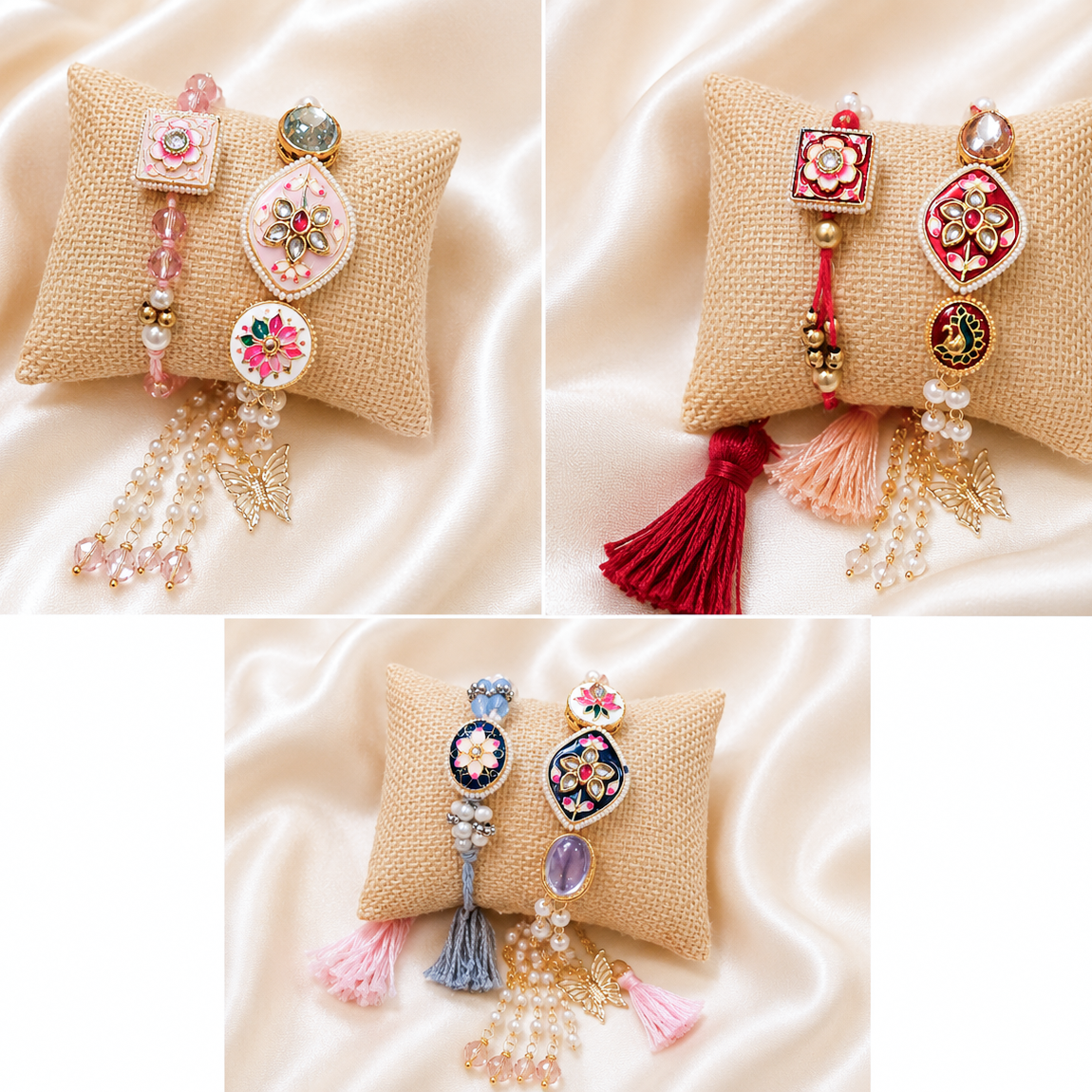 Handcrafted Pink Floral Bhai Bhabhi Rakhi Set with Butterfly Charm & Beaded Bracelet