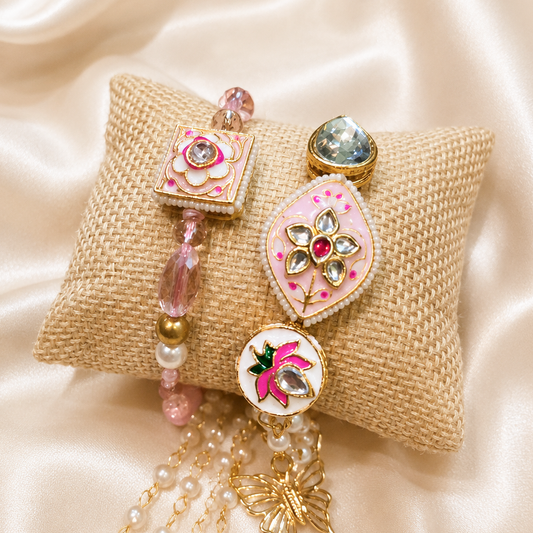 Handcrafted Pink Floral Bhai Bhabhi Rakhi Set with Butterfly Charm & Beaded Bracelet
