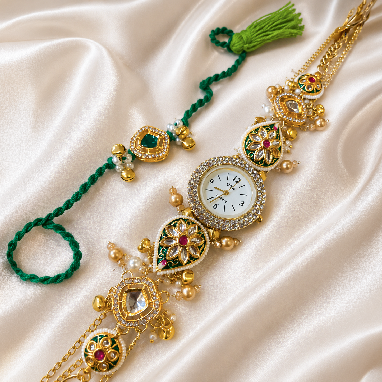 Green Kundan Rakhi & Elegant Pearl Lumba Rakhi