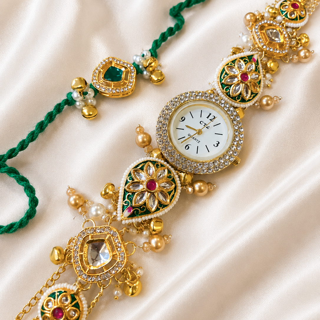 Green Kundan Rakhi & Elegant Pearl Lumba Rakhi