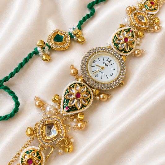 Green Kundan Rakhi & Elegant Pearl Lumba Rakhi