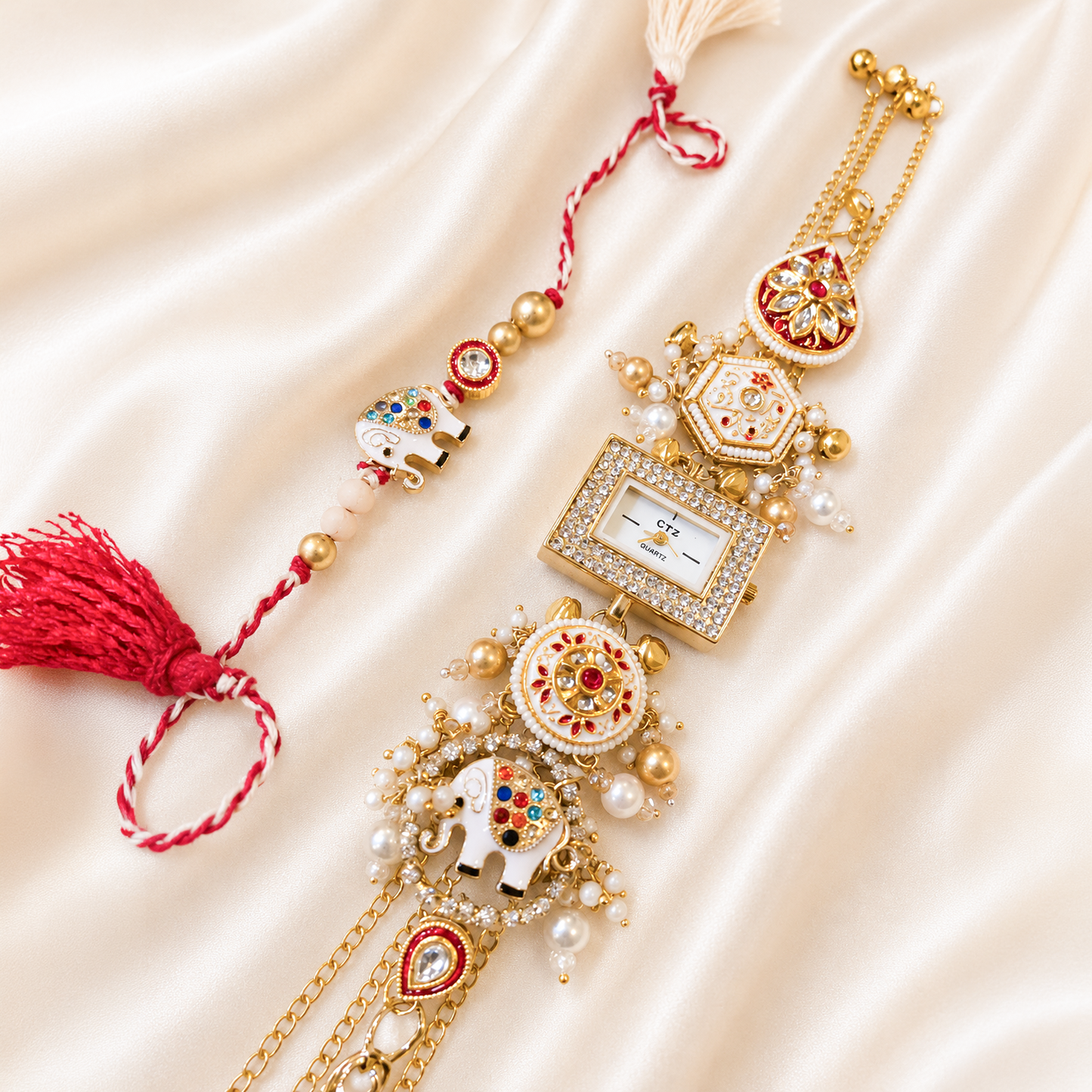 Designer Bhai Bhabhi Rakhi Set of 2 with Decorative Bracelet Watch | Elephant Motif Rakhi