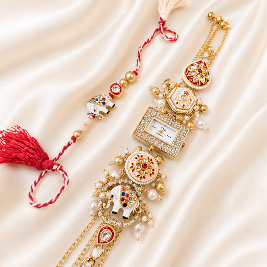 Designer Bhai Bhabhi Rakhi Set of 2 with Decorative Bracelet Watch | Elephant Motif Rakhi