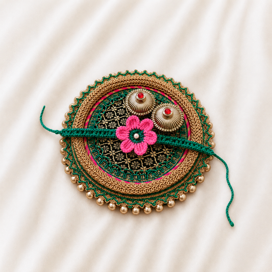 Handmade Crochet Flower Rakhi with Decorative Pooja Thali Set | 6-inch Dia