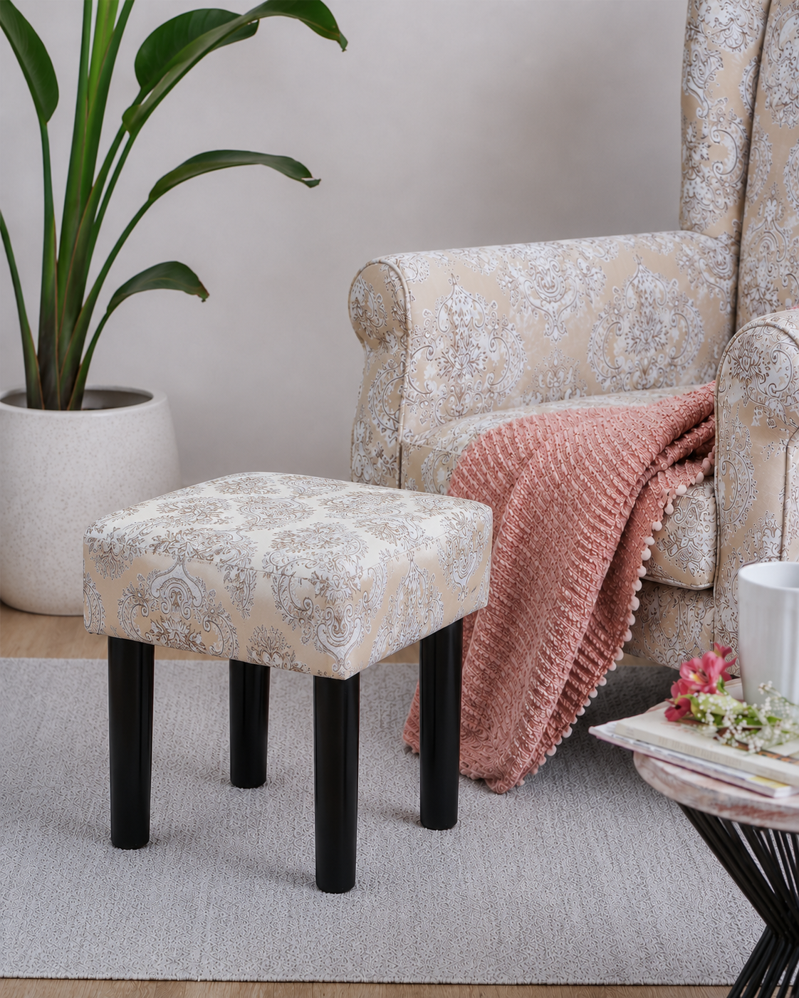 Beige Damask Fabric Footrest