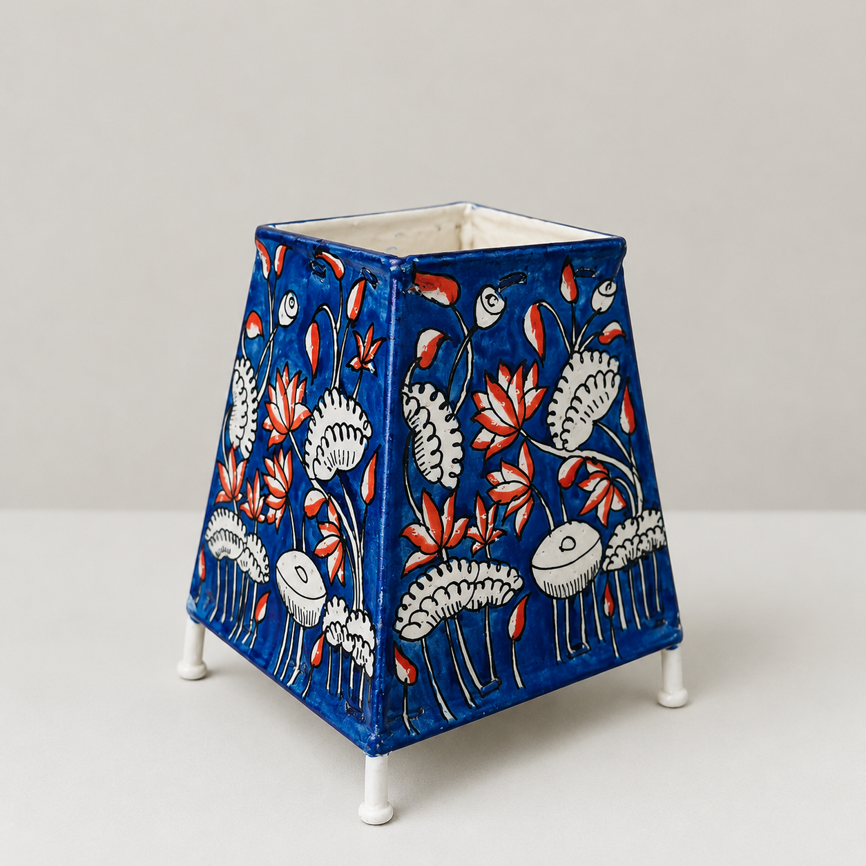 Handpainted Tholu Bommalata Leather Table Lamp Blue Floral Design (Small)