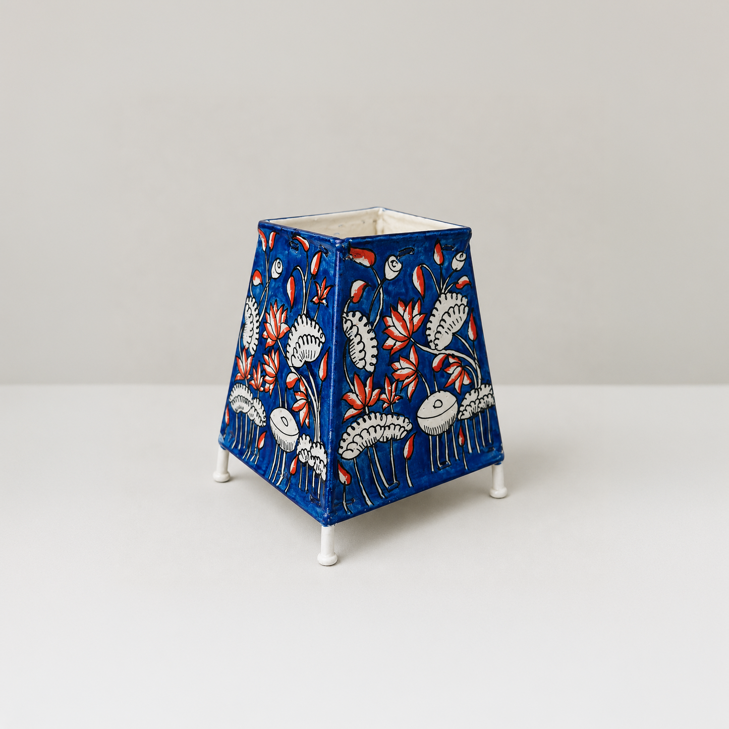 Handpainted Tholu Bommalata Leather Table Lamp Blue Floral Design (Small)