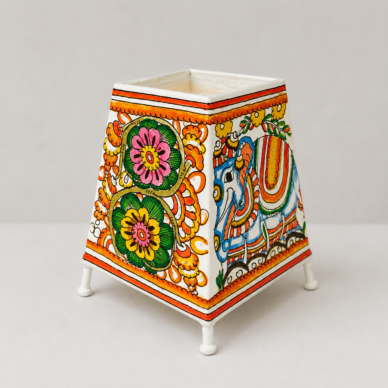 Handpainted Tholu Bommalata Leather Table Lamp Elephant Design (Small)
