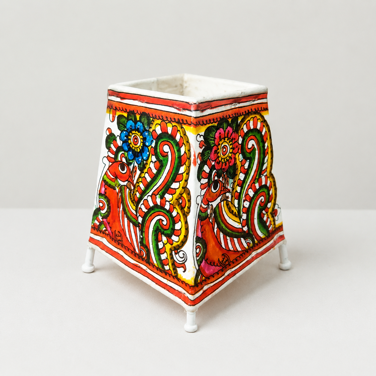 Handpainted Tholu Bommalata Leather Table Lamp Peacock Design (Small)