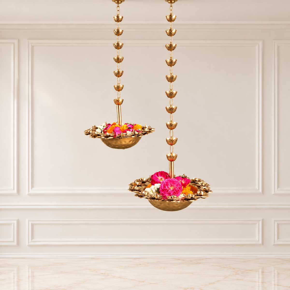 Golden Metallic Rose Hanging Urli (Set of 2)