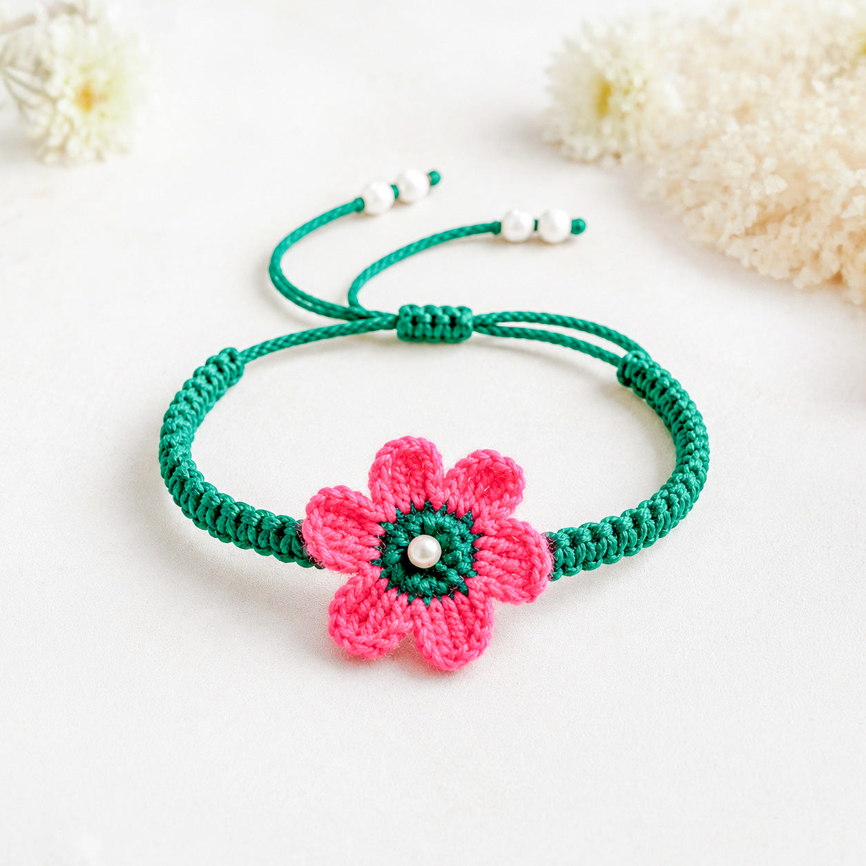 Handmade Crochet Rakhi 2026 | Pink Flower Rakhi with Pearl