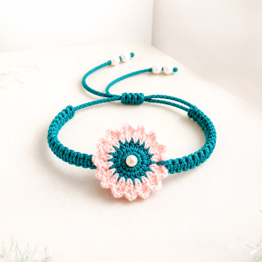 Handmade Crochet Rakhi 2026 | Pink & Teal Flower Rakhi